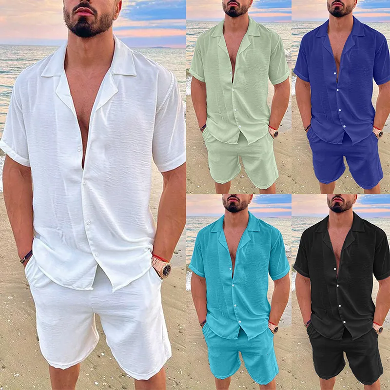 Mens Tracksuits Summer Casual Loose Two Piece Set Beach Solid Cotton Linen Man Suit Short Sleeve Button Shirt and Shorts Office Outfits 230503