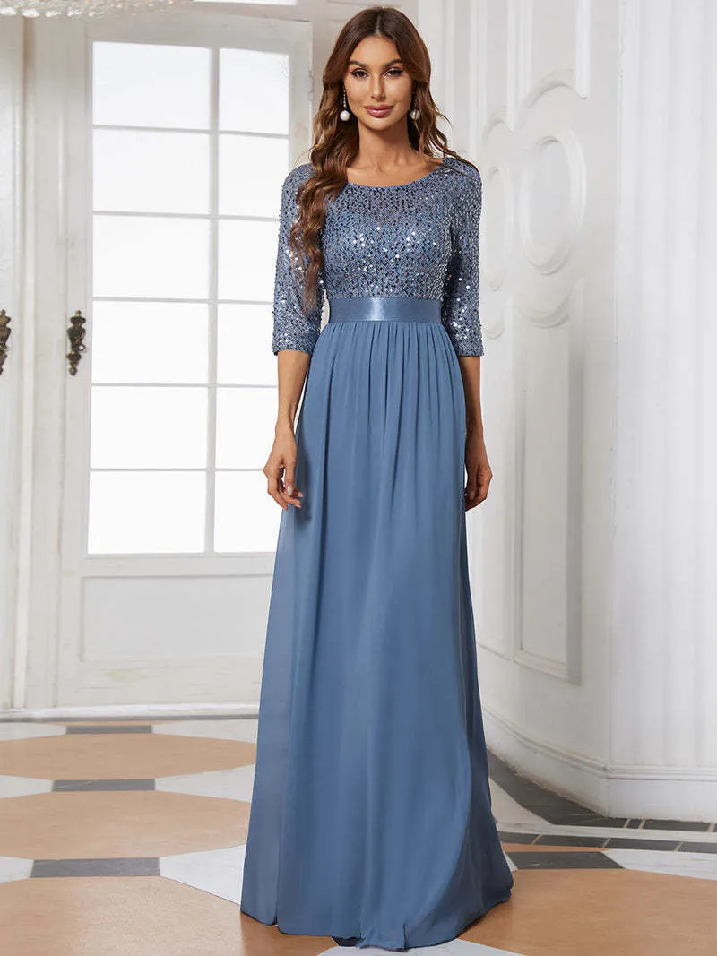 Abiti da festa Abiti da sera eleganti A-LINE Girocollo con maniche in chiffon sempre belli di Dusty Navy Simple Paillettes Abito da damigella d'onore Donna 230504