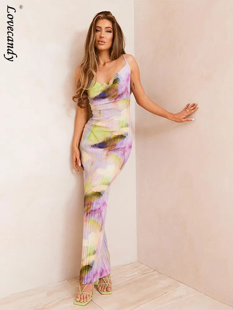 Lässige Kleider Elegant Tie Dye Printed Plissee Maxi Leibchen Für Frauen 2023 Sommer Sling Printting Rückenfreies Kleid Lady Outwear Vestido 230503