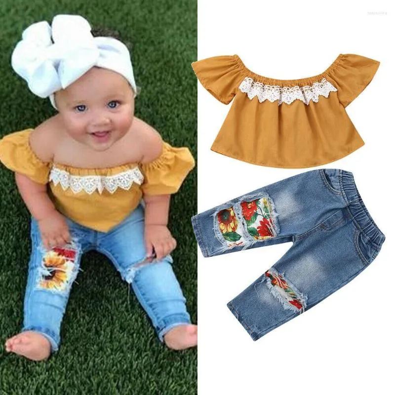 Clothing Sets 2PCS Toddler Kids Born Baby Girl Off Shoulder Lace Shirt Tops Sunflowers Hole Denim Pants Clothes Set