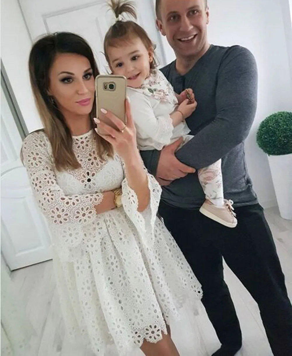 Family Matching Outfits Fashion Clothes Mother Daughter Dresses White Hollow Floral Lace Mini Mom Baby Girl Party 230504 From 7 27 DHgate