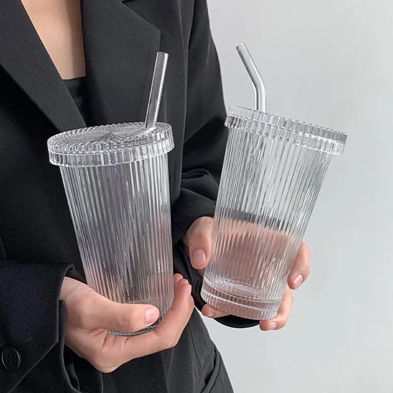 Iced Coffee GlassesStripe Glass Cup With Lid And Straw Transparent