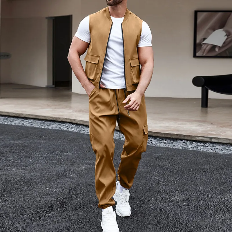 Mens Tracksuits Spring Summer Two Piece Set Streetwear Fashion Solid Color Pockets Vest Jacket and Truuss Passar Män Casual Outfits 230503