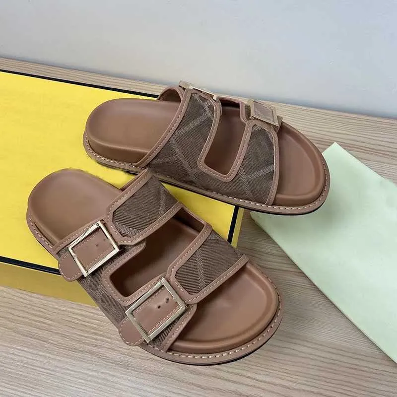 Nieuwste mannen dames designer sandalen canvas glijbanen dubbele band platte gesp slippers muilezel schoenen lederen bodem strand rubberen zolen zomers slippers met doos no394