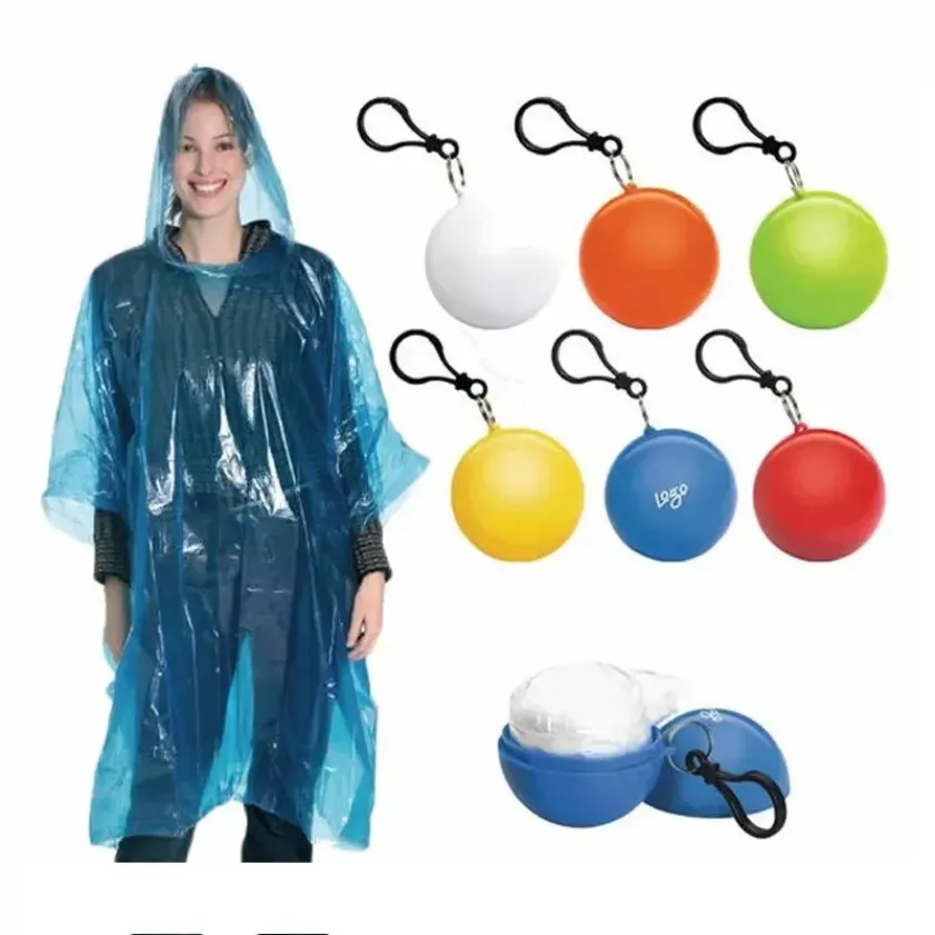 Portable Disposable Raincoat With Keychain Waterproof Ball Capsule PE Raincoats Hotel Cape Rain Coat Gifts