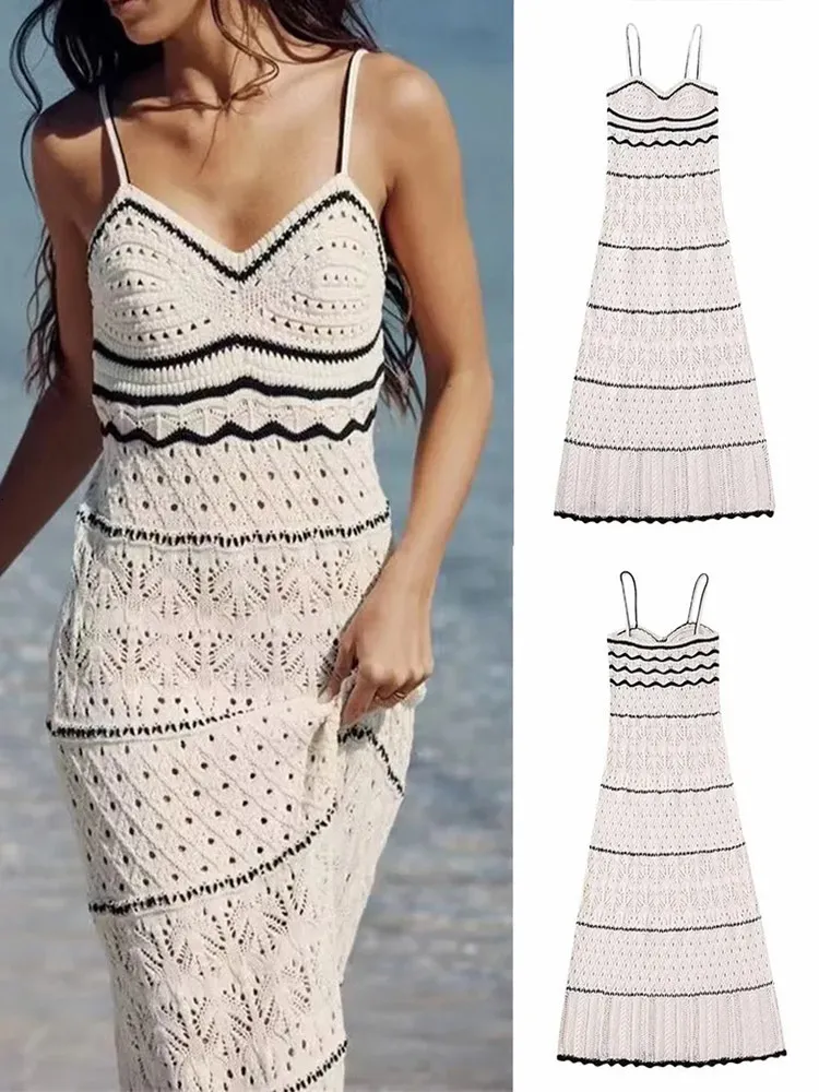 Casual jurken zomerjurk dames strandstijl gebreide slanke fit riem lange kleur holle elegante strakke vestidos 230504