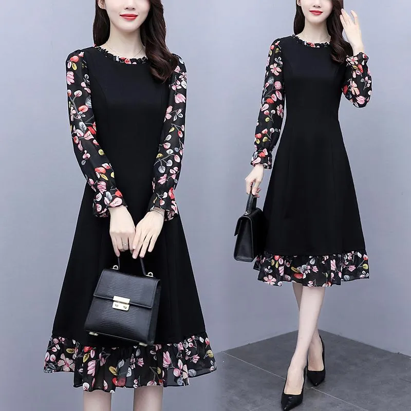 Casual Dresses Womens Fashion Designer Dress Long Sleeve Floral Patchwork Autumn Hight Street Clothes Slim A-Line Swing Loose Cute