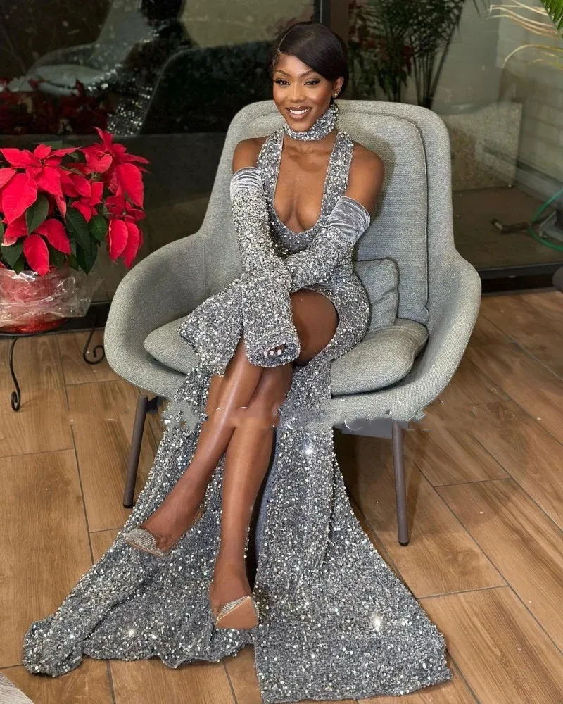 Sexy Gray Sequins Prom Dresses 2023 For African Women Sexy High Slit Evening Gowns Removeable Sleeves Girls Birthday Wear