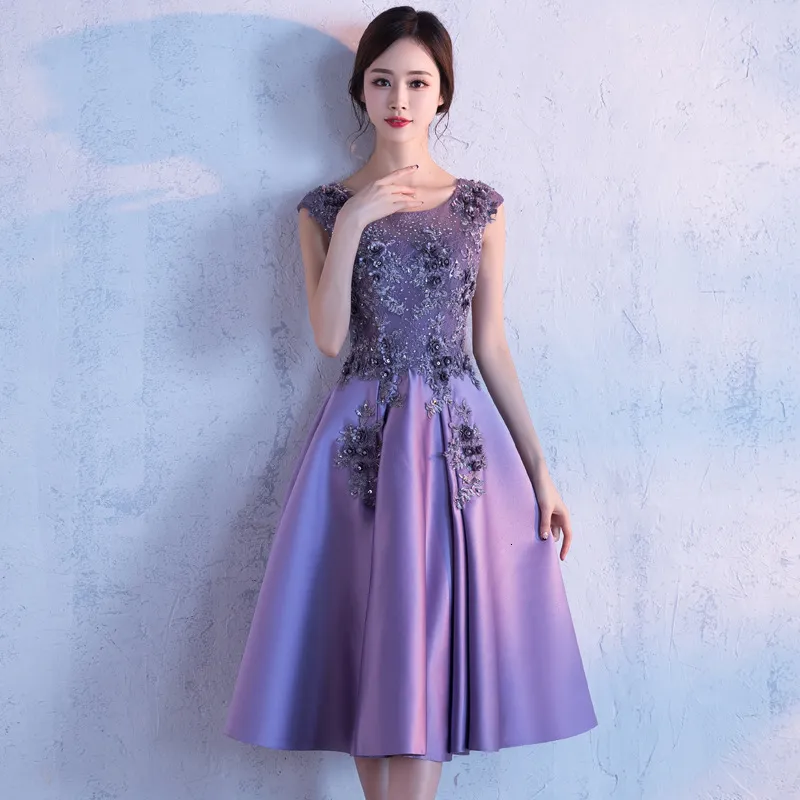Party Dresses Fashion Purple Evening Dress Applicques Blomma ärmlös O-Neck Banket Party Dress Robe de Soiree Haute Couture 230504