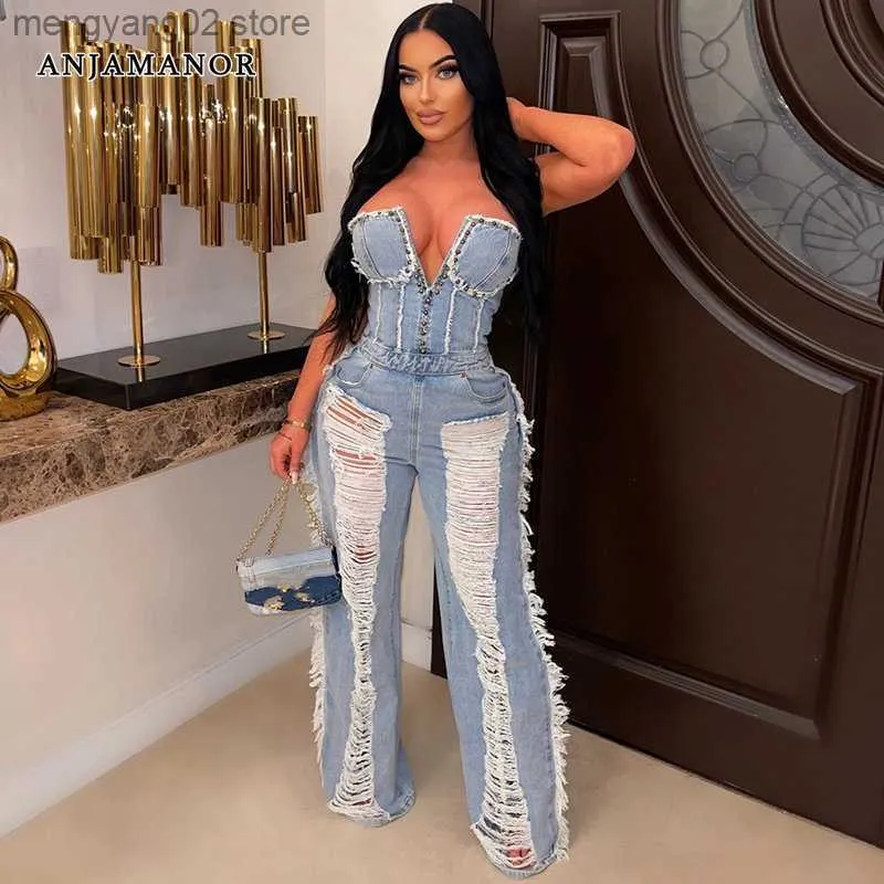 Damen Jumpsuits Strampler dded Washed Denim Jumpsuit Damen 2023 Mode Sexy Einteiler Zerrissene Jeans Tube Top Wide Leg Jumpsuits D82-AAZ35 T230504