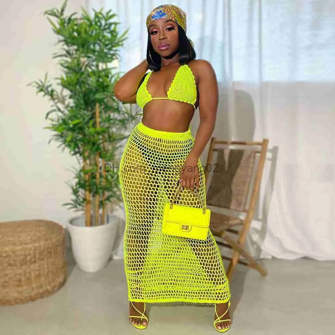 Two Piece Dress Summer New Handmade Knitted Hollow Out Beach Cover