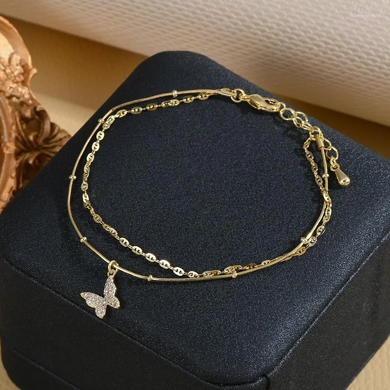 Gliederarmbänder Ankunft Doppelschicht Schmetterlingsarmband Für Frauen Mädchen Glänzender Kristallarmreif Handkette Eleganter Feiner Schmuck Geburtstagsgeschenk