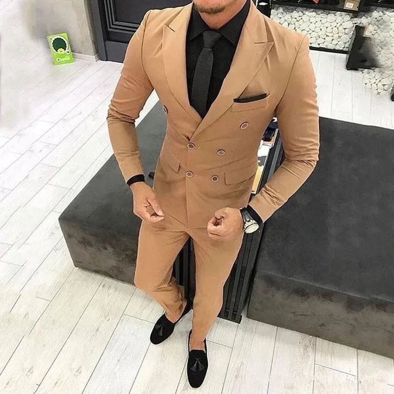 Neue Slim Fit Khaki Herren Anzüge Hochzeit Bräutigam Smoking 2 Stück Jacke Hosen Bräutigam Anzüge Best Man Prom Business Wear Blazer