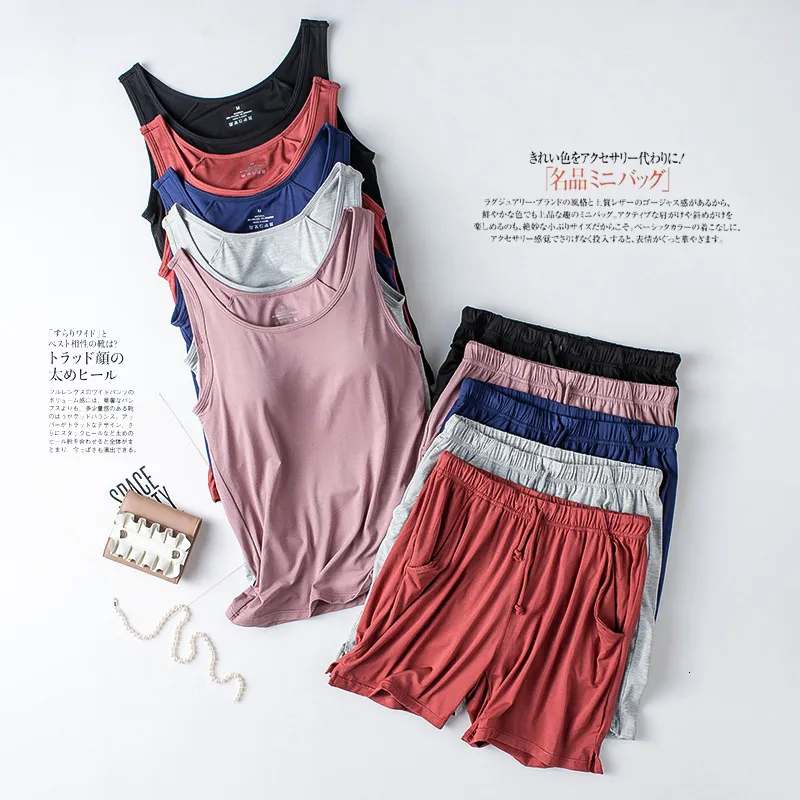 Женская одежда для сна Летняя женская модальная пижама с двумя частями шорты с лежжением грудной клетки без кубка Camisole Homewear Set Pajama 230503