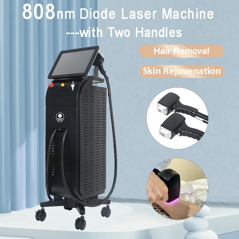 808 nm Diodenlaser-Haarentfernungsgerät, Körperverjüngung, Hautaufhellung, Tiefenpflege für alle Hautfarben, Ausrüstung mit 2 Behandlungsgriffen