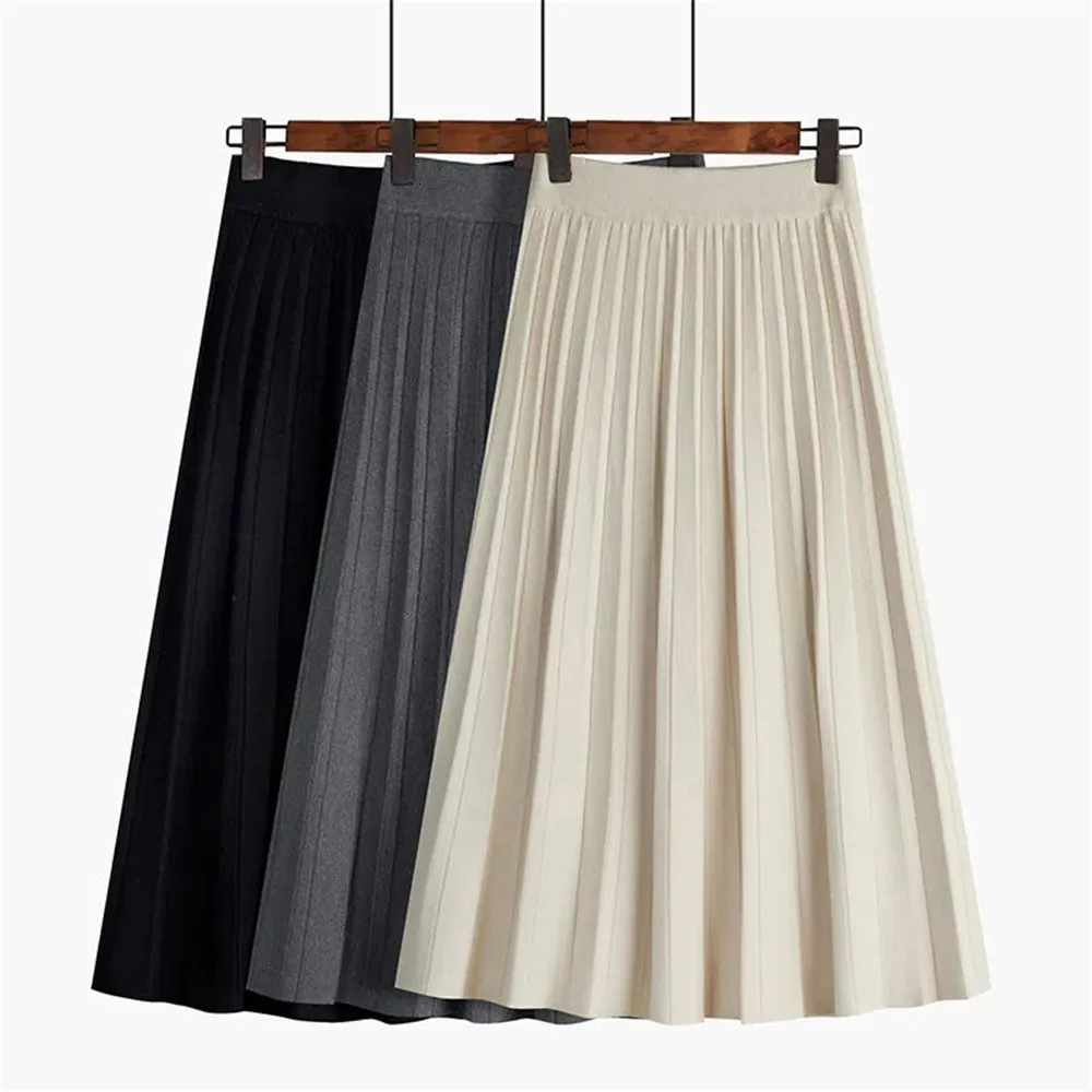 Skirts Knitted Midi Pleated Skirt Women Elegant Black A-Line High Waist Long Skirt Korean Solid Black Autumn Winter Faldas Femme Jupes 230504