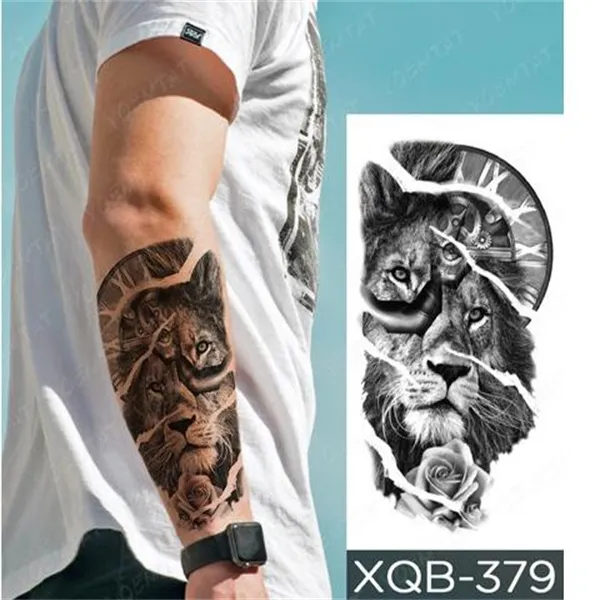 Leon hombres impermeable tatuajes temporales pegatinas falsas brazo mano arte fresco negro transferencia reloj GC2089