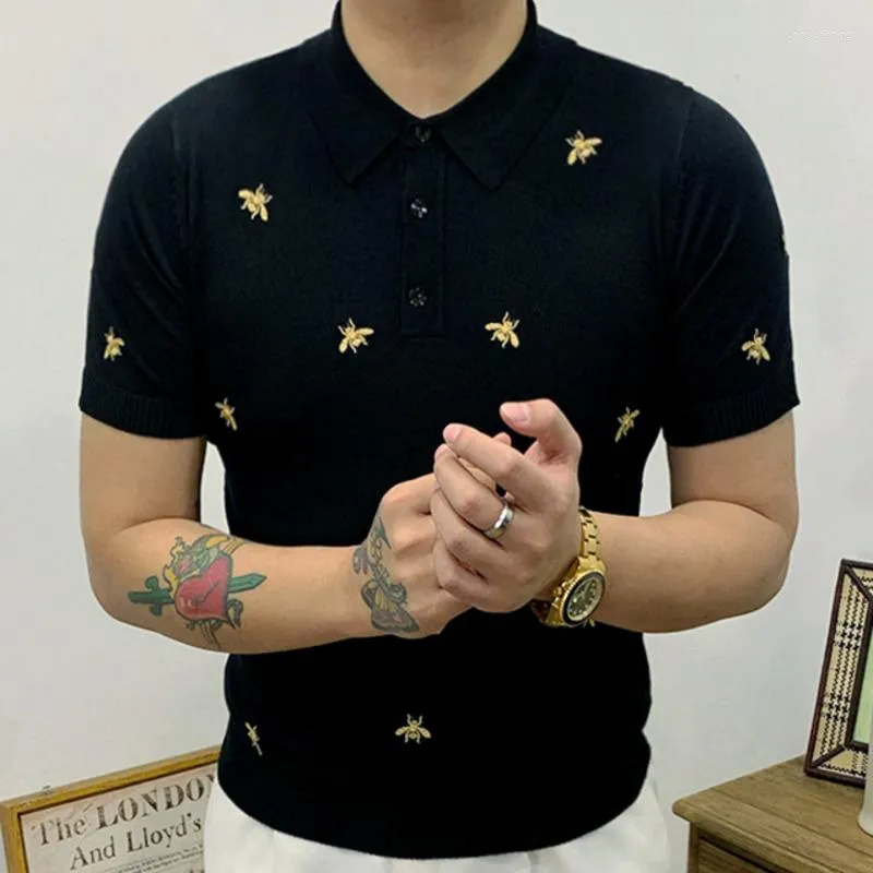 Men's Polos 2023 Summer Bee Embroidery Pattern Men's Short-sleeved Knitted Polo Shirt Ice Silk Men Poleras Hombre Camiseta Verano