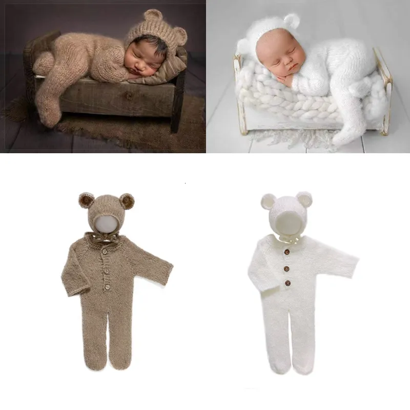 Keepsakes born P ography Kleidung Mohair Bear Ear Hat Overalls 2er Set Studio Baby P o Prop Accessoires Strickkleidung Outfits 230504