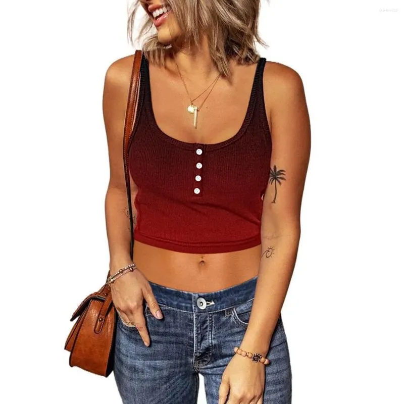 Camisoles Tanks Women Sexy Strap Print Crop Top -knapp ner ärmlös skjorta Summer Low Cut Fitted Topps Tank Vest