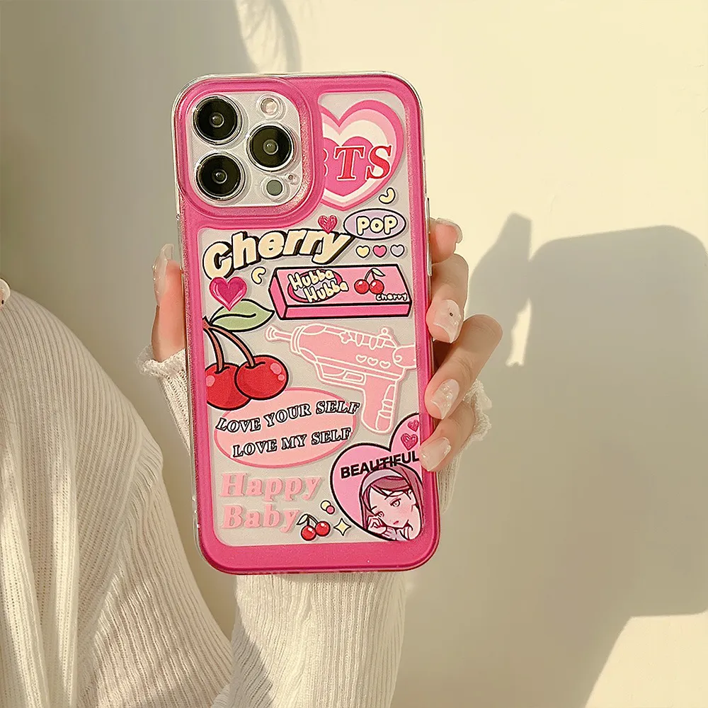 İPhone 14 7 8 artı 13 mini 11 12 Pro Max X XS XR Sevimli Tatlı Pop Kiraz Kızlar Su Tabancası Silikon Yumuşak Arka Kapak