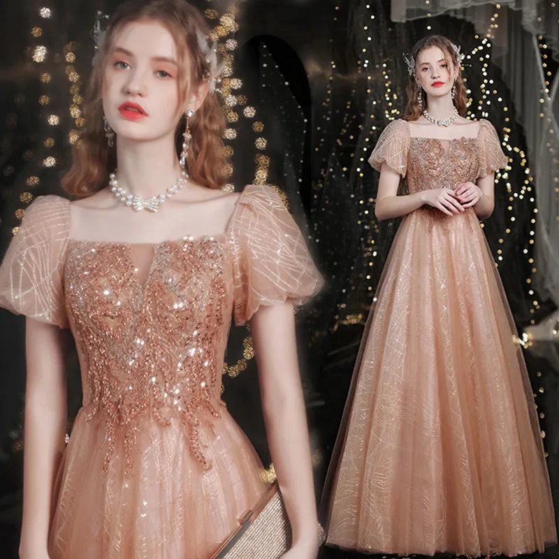 Party Dresses WYHS-130#Golden Evening Dress Puff Sleeve Bride Wedding Prom Toast Dress Summer Banquet Catwalk Annual Meeting sequin 230504