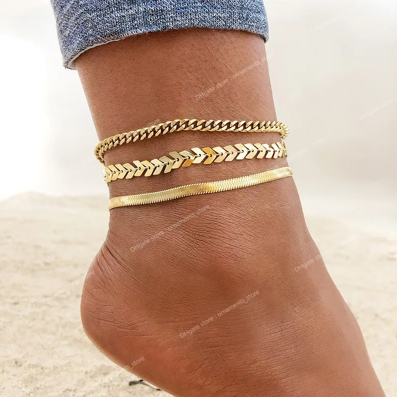 Rostfritt stålkedja Anklet för kvinnor flickor Multi-Layer Beach Ankle Armband Foot Link Chains Adjsuterbara Fashion Jewelryanklets