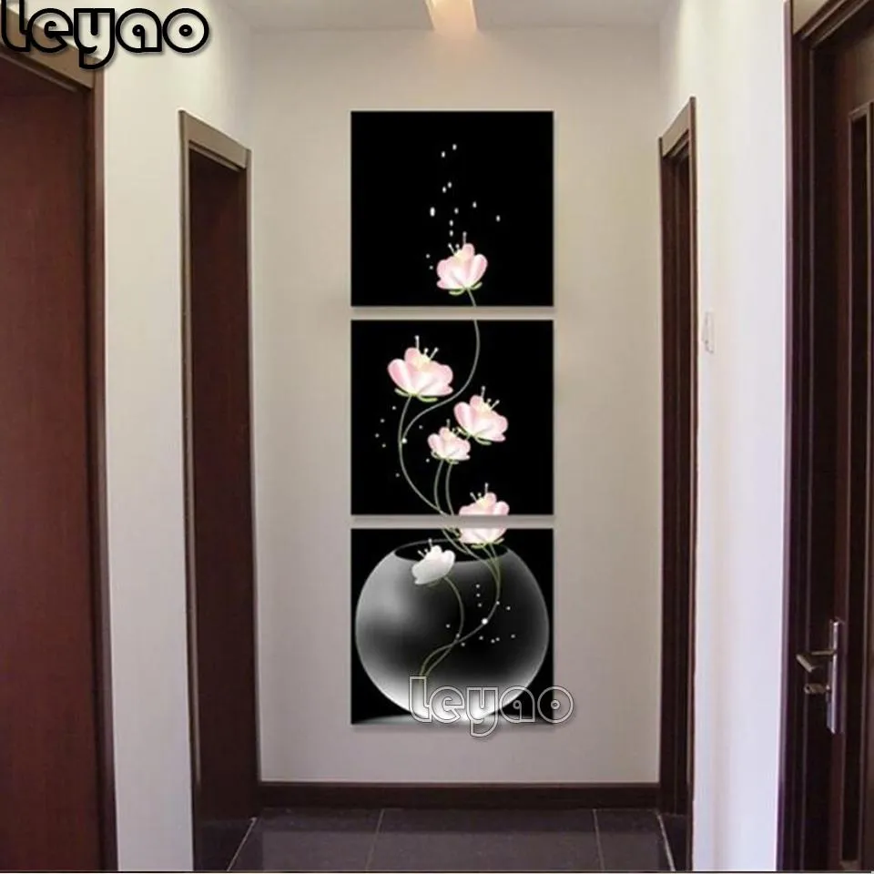 Punto 3 pezzi Vaso di pittura diamantato con fiore 5d ricamo diamante poster portico corridoio versione verticale decorazione della casa arte della parete