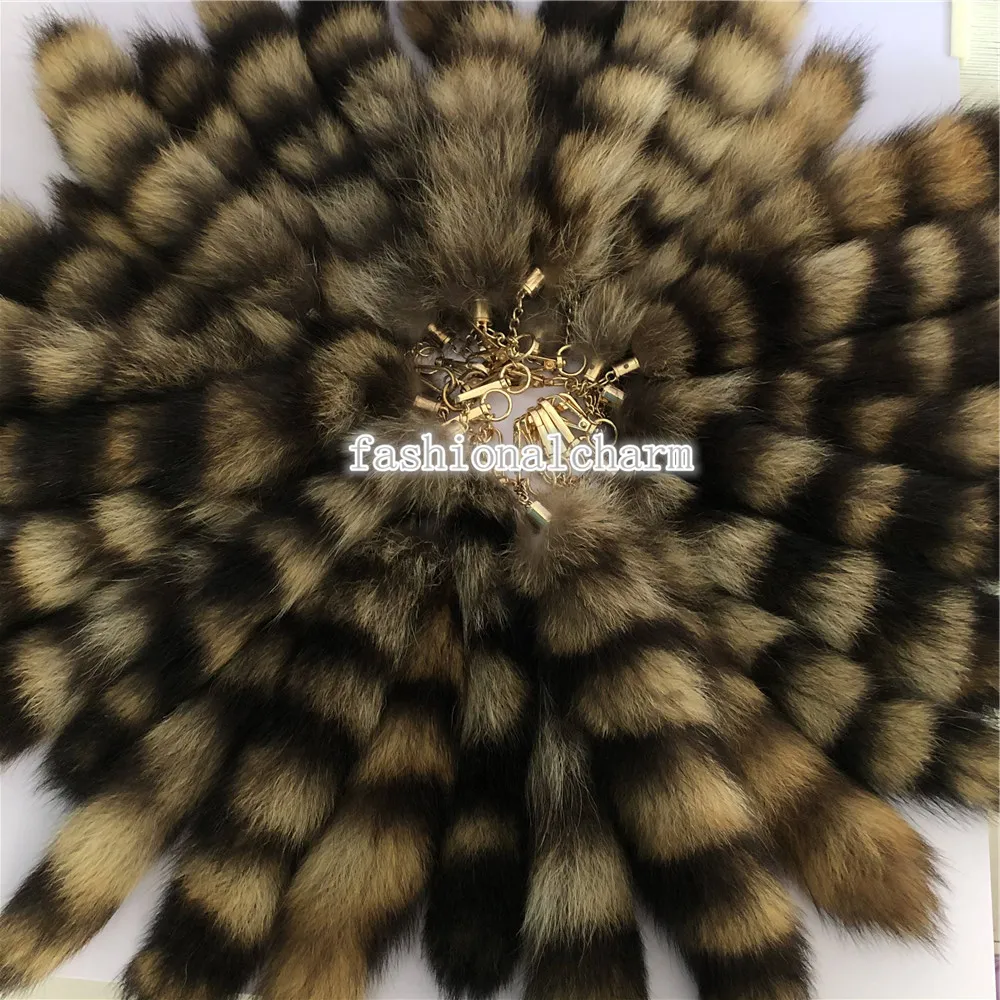 10 unids/lote 100% Real American Raccoon Fur Tail llavero bolsa encanto Cosplay juguete colgante borlas