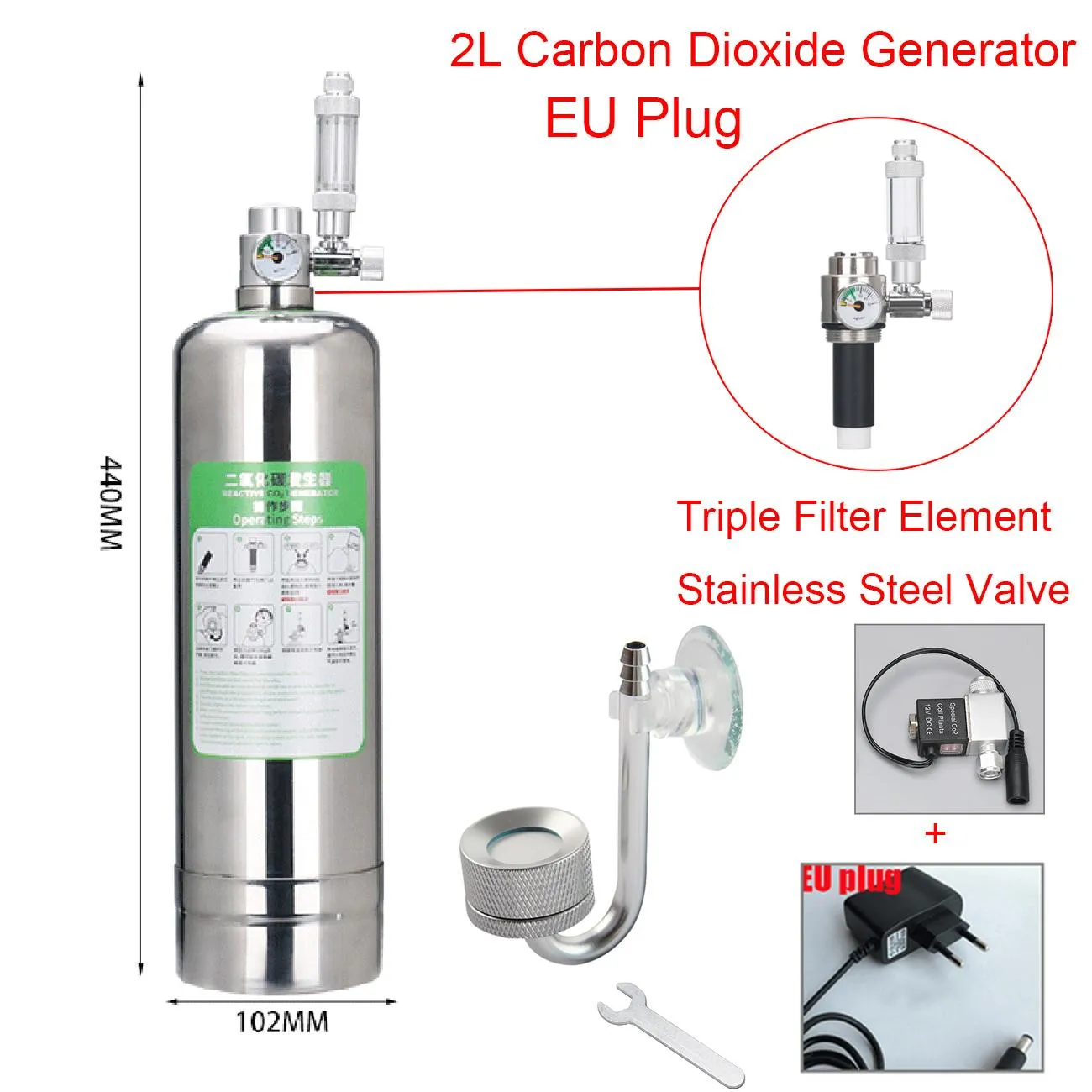 Équipement 1L / 2L Aquarium Fish Tank Système de générateur de CO2 Kit DIY Bouteille de gaz en acier inoxydable haute pression + Valve en aluminium Réacteur de CO2