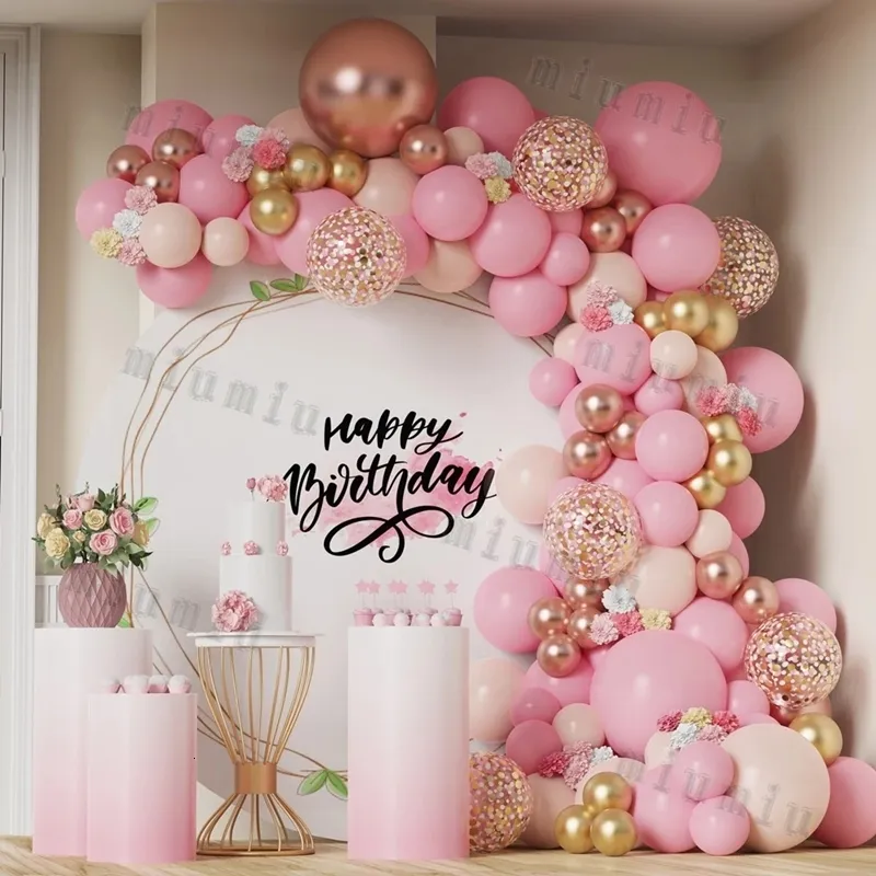 Inne imprezy imprezowe Macaron Pink Balon Garland Arch Kit Kids Happy Birthday Metal Rose Gold Konfetti Balony Wedding Baby Shower Dekoracja 230504