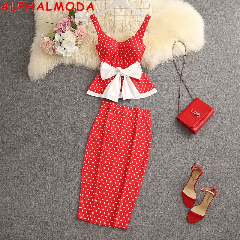 Dwuczęściowa sukienka Alphalmoda Women Ruffled Sweet Bow Sashes Szczupły górny tylny szczelinowy spódnica 2PCS Suit mody 230504