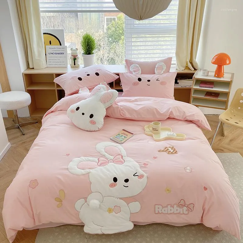 Ensembles de literie rose mignon dessin animé Applique broderie coton filles ensemble housse de couette bande élastique drap de lit taies d'oreiller