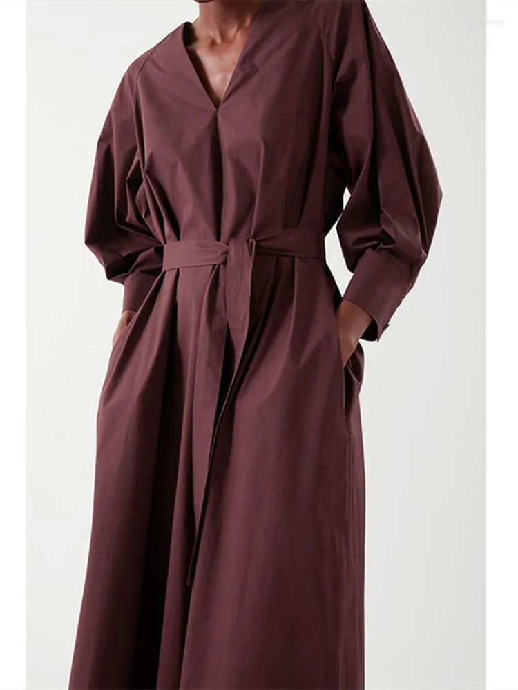 Casual Dresses Women V-Neck Solid Color Cotton Loose Midi Dress With Sashes Ladies Three Quarter Sleeve Hem Slit Long Robes 2023