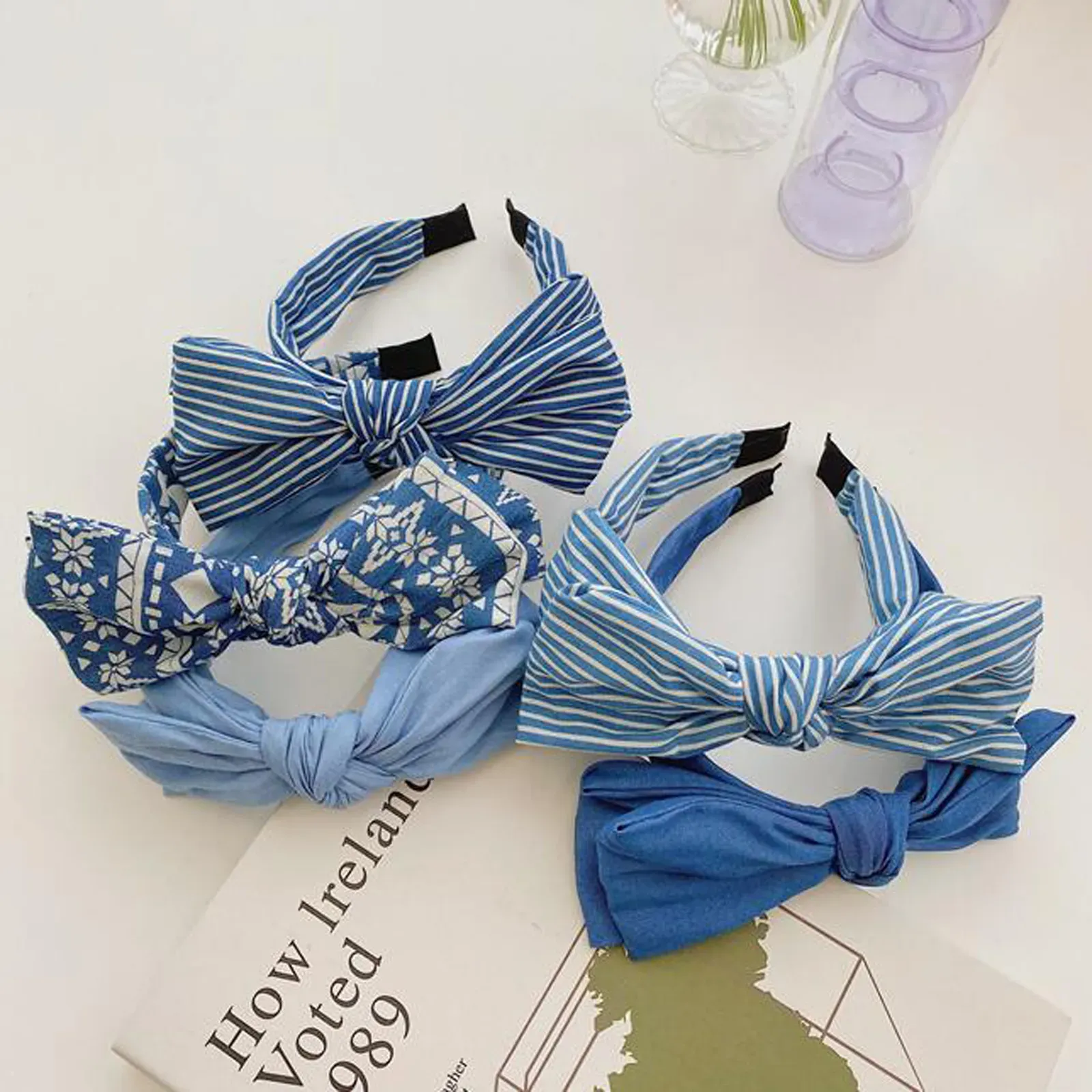 Neue Art- und Weisefrauen-Haar-Zusatz-blaues Denim-Stirnband-großer Bogen-Knoten-Haarband-Sommer-Turban für erwachsenes Headwear hipl832