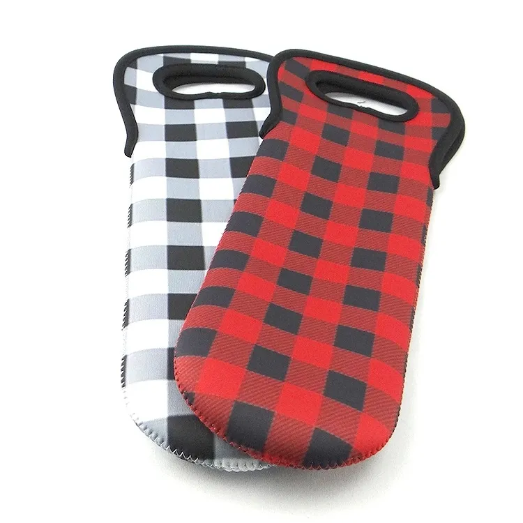 Christmas Red Check Wine Holder Wholesale Blanks Neoprene Buffalo Plaid Cooler Covers Wedding Gift Wraps