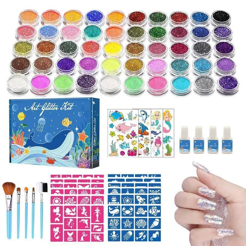 Temporary Tattoos 50 Glitter Colors Tattoo Kit With Stencil Glue Brush
