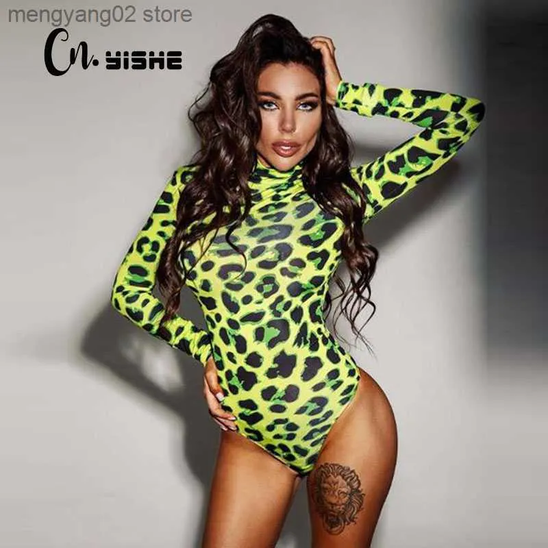 Kvinnors jumpsuits rompers cnyishe kvinnor långärmad leopard hud prinsd bodysuit sexig neon green streetwear jumpsuit mager leopard topps mode rompers t230504