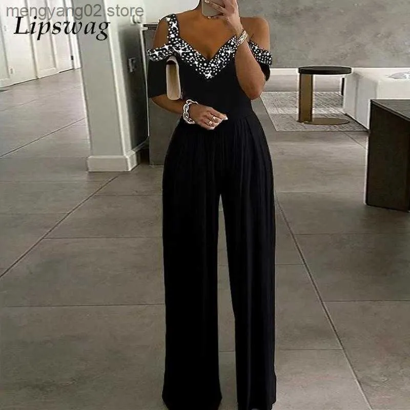 Kobiety Jumpsuits Rompers Kobiety z krótkim rękawem nadruk długi romper letni seksowna v szyja poza ramiona kombinezon elegancki talia szerokopasmowa spodni kombinezonu t230504