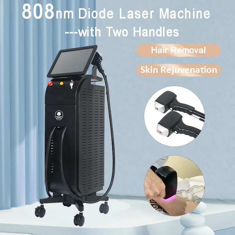 Máquina de perda de cabelo a laser de diodo 808nm Sistema de resfriamento para rejuvenescer a pele Tratamento de remoção de pelos de corpo inteiro Equipamento de beleza para cuidados profundos da pele com 2 alças