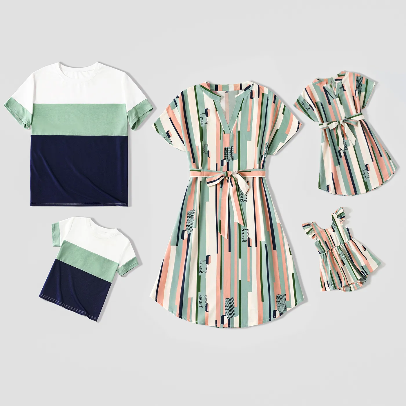 Family Matching Outfits PatPat Geometric Striped V Neck Drop Shoulder Belted Dresses and Colorblock Short sleeve T shirts Sets 230504