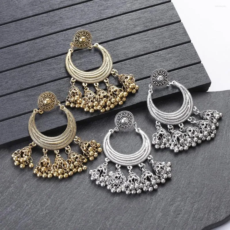 Dangle Earrings Vintage Ethnic Gold Silver Color Moon Women Fashion Jhumka Bells Tassel Jewelry Party Gift