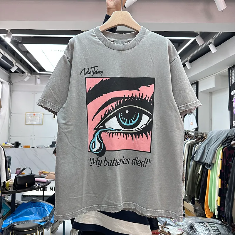 High Street Tees T-Shirts Übergroßes Herrenhemd EUR-Größe Sommer Suprior Eyes Bedruckter schwerer Stoff Zerrissene T-Shirts Real Pics Vintage Grey Tee