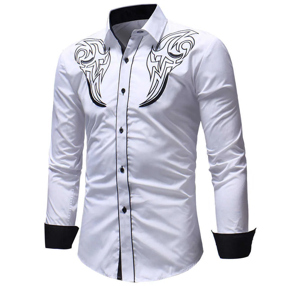 Chemises décontractées pour hommes Western Cowboy Broderie Chemises Hommes Casual Slim Fit À Manches Longues Robe Sociale Chemises De Soirée Hommes Vêtements Camisetas Masculina Nouveau AA230503