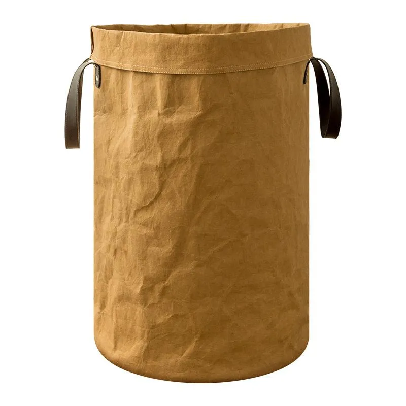 組織Techome Khaki Dirty Laundry Basket Leather Handle Childen Toy Basket Storageオーガナイザーホームデコレーション