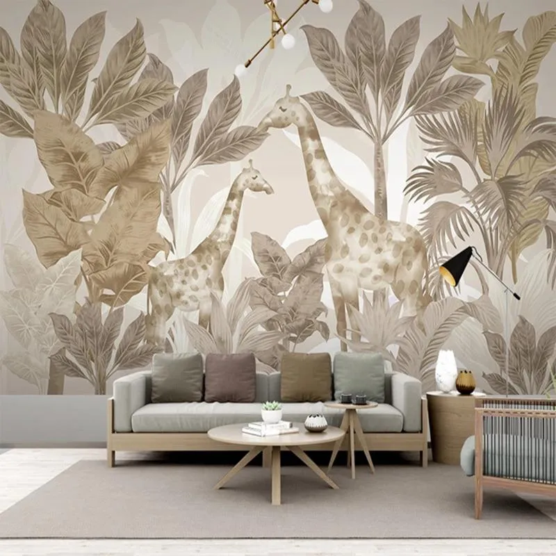 Fonds d'écran Personnalisé 3D Mural Peint À La Main Forêt Tropicale Feuilles Girafe Papier Peint Chambre Salon TV Canapé Fond Po Décoration Murale