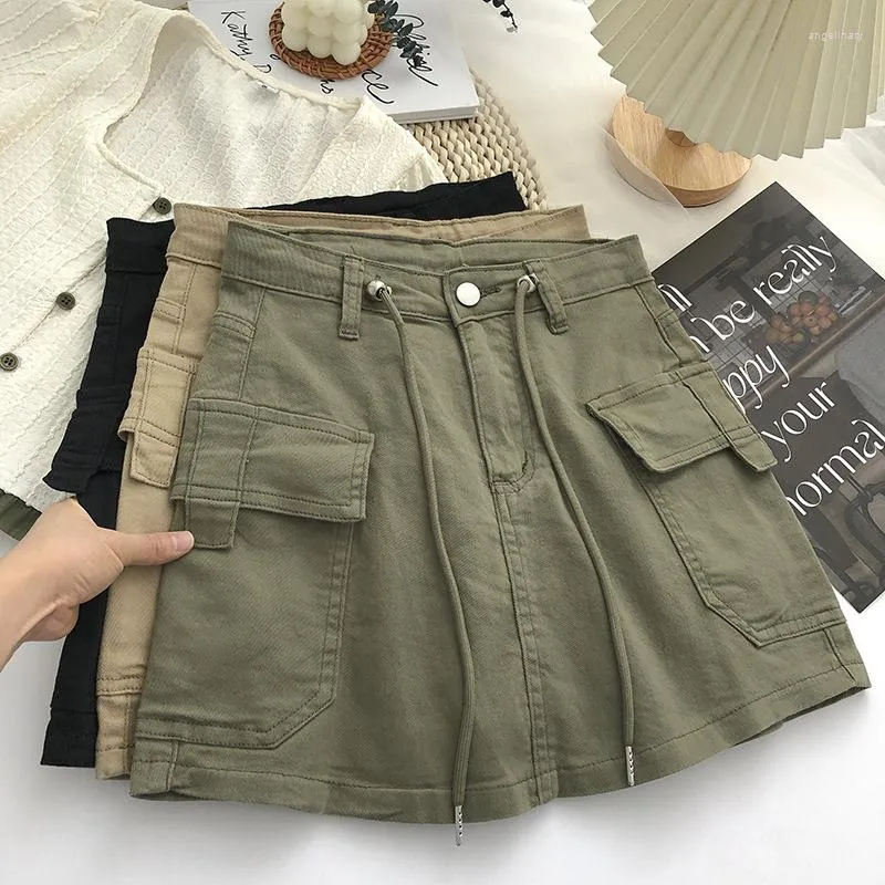 Röcke Caofeimao Kordelzug Hohe Taille Minirock Damen Streetwear Big Pocket Cargo Woman Fashion 2023 Short A Line Mujer