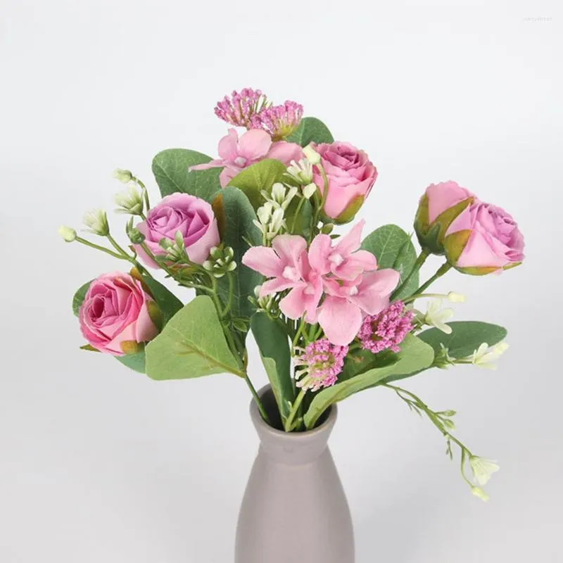 Dekorativa blommor Attraktiva flera huvuden Icke-welled Artificial Hydrangea Faux Silk Rose Flower 6 Colors Wedding Decor