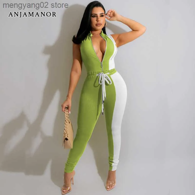 Women s Jumpsuits Rompers Fashion Sport One Piece Jumpsuit Colorblock Zip Up Sleeveless Bodycon Jump Suits for Women Items D44 DZ34 T230504