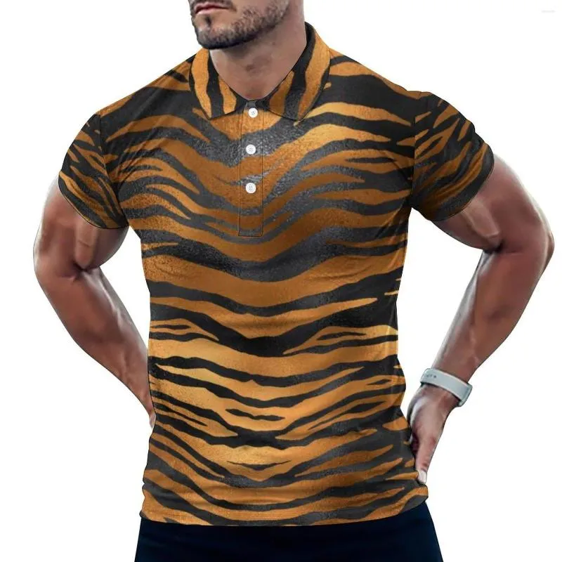 Men's Polos Tiger Stripes Print Polo Shirt Men Black Brown Animal Skin Casual Day Fashion T-Shirts Short-Sleeve Graphic Oversized Tops